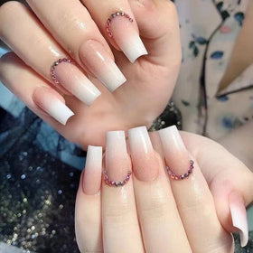 Factory Wholesale 24Pcs ABS French Design Short Square Rhinestone False Nails Press on with Nail Glue Elegant Packaging
