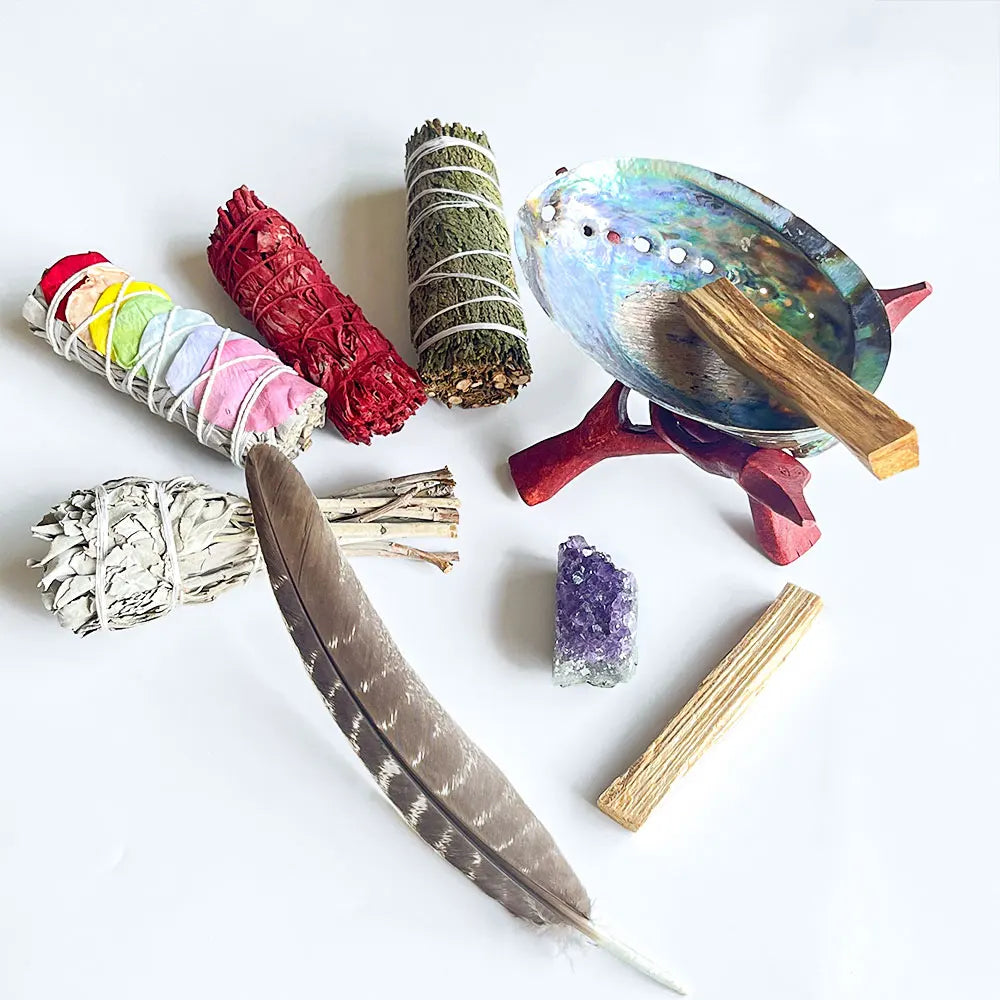 White Sage Palo Santo Organic Home Smudging Kit Amethyst Cluster Dragons Blood Sage Chakra Rose Incense Aromatherapy Diffuser