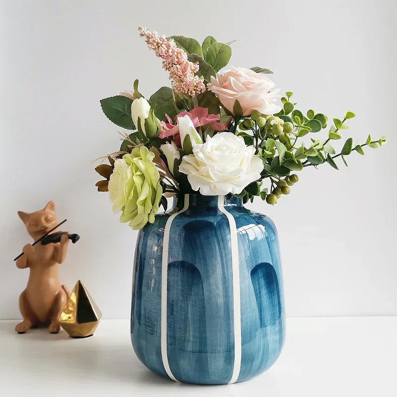 Modern Blue Ceramic Dried Flower Painting Vase Art Deco Design for Home Tabletop Decoration