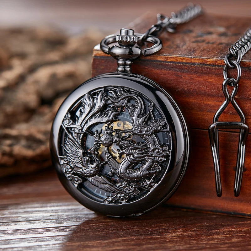 Retro Mechanical Pocket Watch Dragon Play Ball Steampunk Skeleton Hand-wind Flip Clock Fob Watch With Chain Double Hunter Gift