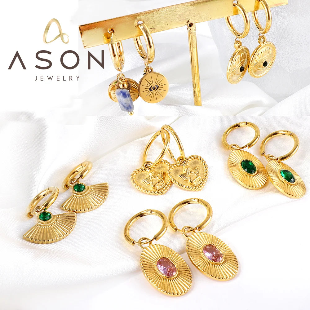 Ason Vintage Statement Big Zircon Drop Earring Charm Heart Stainless Steel Plating Gold Fan Hoop Earrings for Men and Women