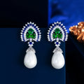 Elegant Blue and Green Cubic Zirconia Long Dangling Water Drop Pearl Earrings for Women Party Wedding Jewelry