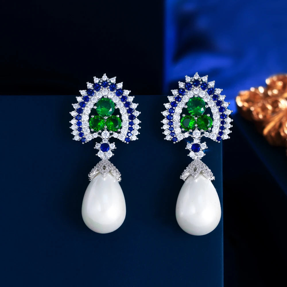 Elegant Blue and Green Cubic Zirconia Long Dangling Water Drop Pearl Earrings for Women Party Wedding Jewelry