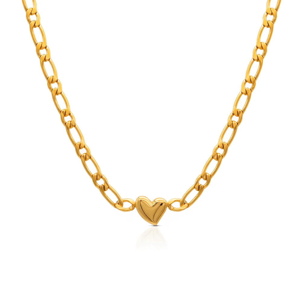 Chris April Fashion Jewelry 316L Stainless Steel PVD Gold Plated Romantic Heart Charm Figaro Chain Necklace