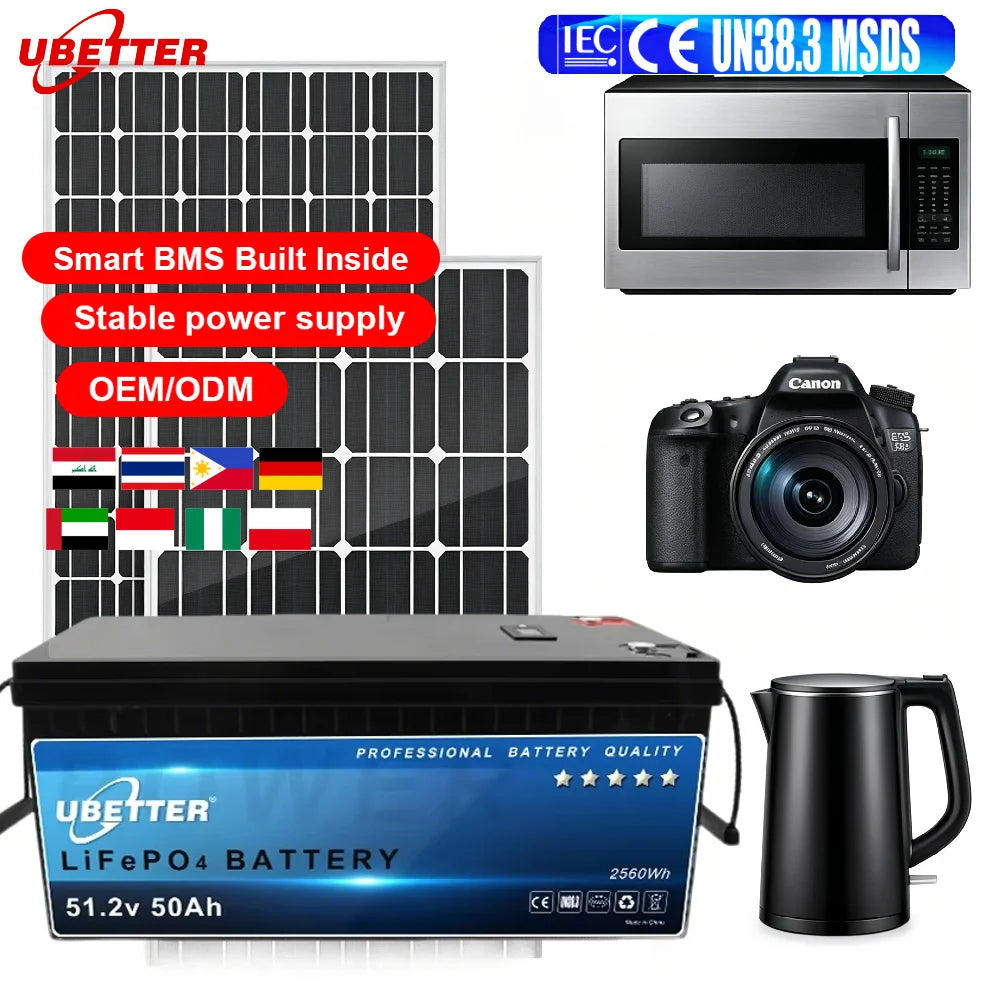 UBETTER Split 51.2V/48V LiFePO4 Solar Backup Battery 50/100AH Built-in BMS IP65 CE/ROHS Certified Stackable Home/RV