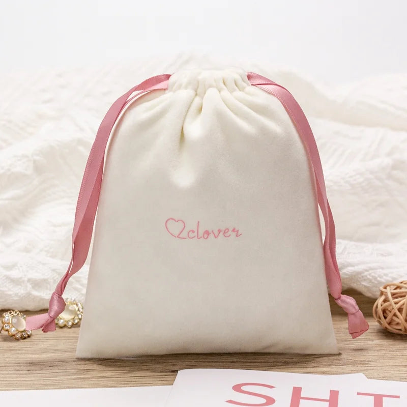 Customized Logo White Velvet  Pouch for Cosmetic Double Drawstring Pouch Super Soft Pouch for Packaging SkinCare