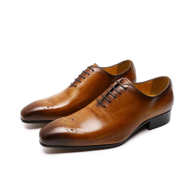 Handmade Men's Oxford Leather Shoes With Pointed Toe Lace-Up Formal Business and Wedding Dress Shoes for Parties
