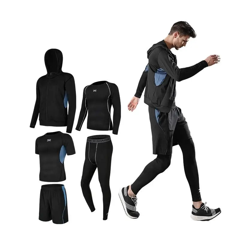 Man Polyester T-Shirt Pants Plain Black Gym Clothing Elastic Waist 5 in 1 Sports Running Fitness Set for Spring Autumn Season