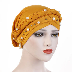 JINBEI-Yilibei Popular Environmental Friendly Milk Silk Monochrome Beaded Whip Turban Hat Pearl Sleep Bonnets Chemo Cap