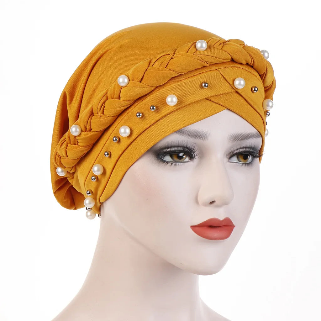 JINBEI-Yilibei Popular Environmental Friendly Milk Silk Monochrome Beaded Whip Turban Hat Pearl Sleep Bonnets Chemo Cap