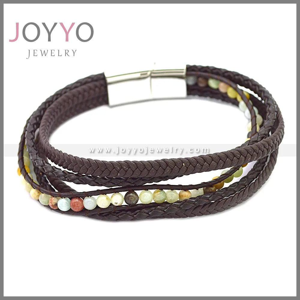 Multilayer Men's Beaded Leather Bracelet Natural Beaded Steel and Leather Bracelet Wholesale Casual Woven Bangle