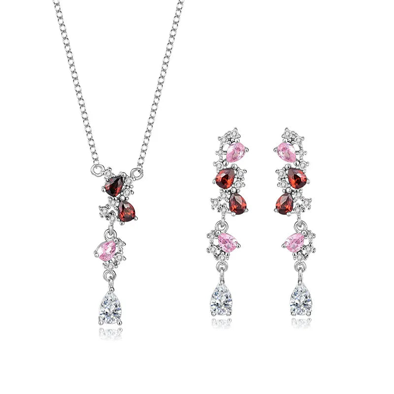 Fashion Simple Ruby Sets 925 Sterling Silver Pear Shape Cubic Zirconia CZ Necklace Earrings Jewelry Set for Women