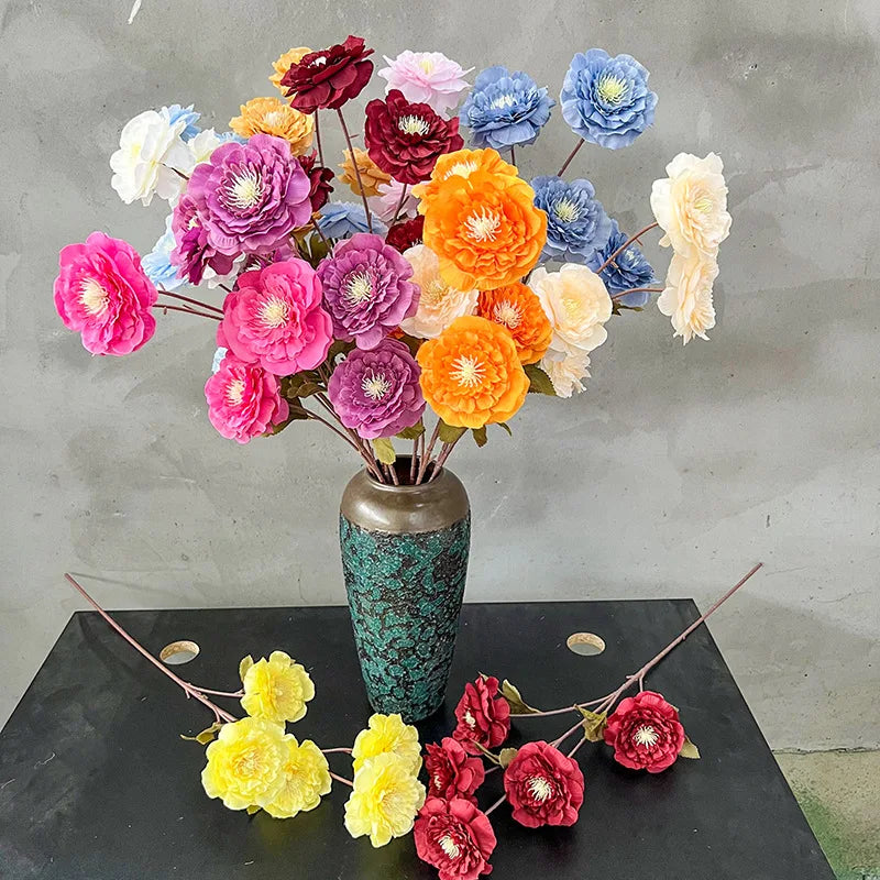 Beautiful Colour Single Stem 5Head Wedding Decorative Artificial Flowers Double Dragon Snow Peony White Silk Hydrangea Wall