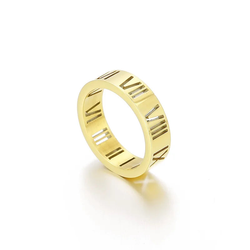 Fashion Wedding Ring 18K Gold Pated Stainless Steel Roman Numerals Ring for Couple Waterproof No Fade