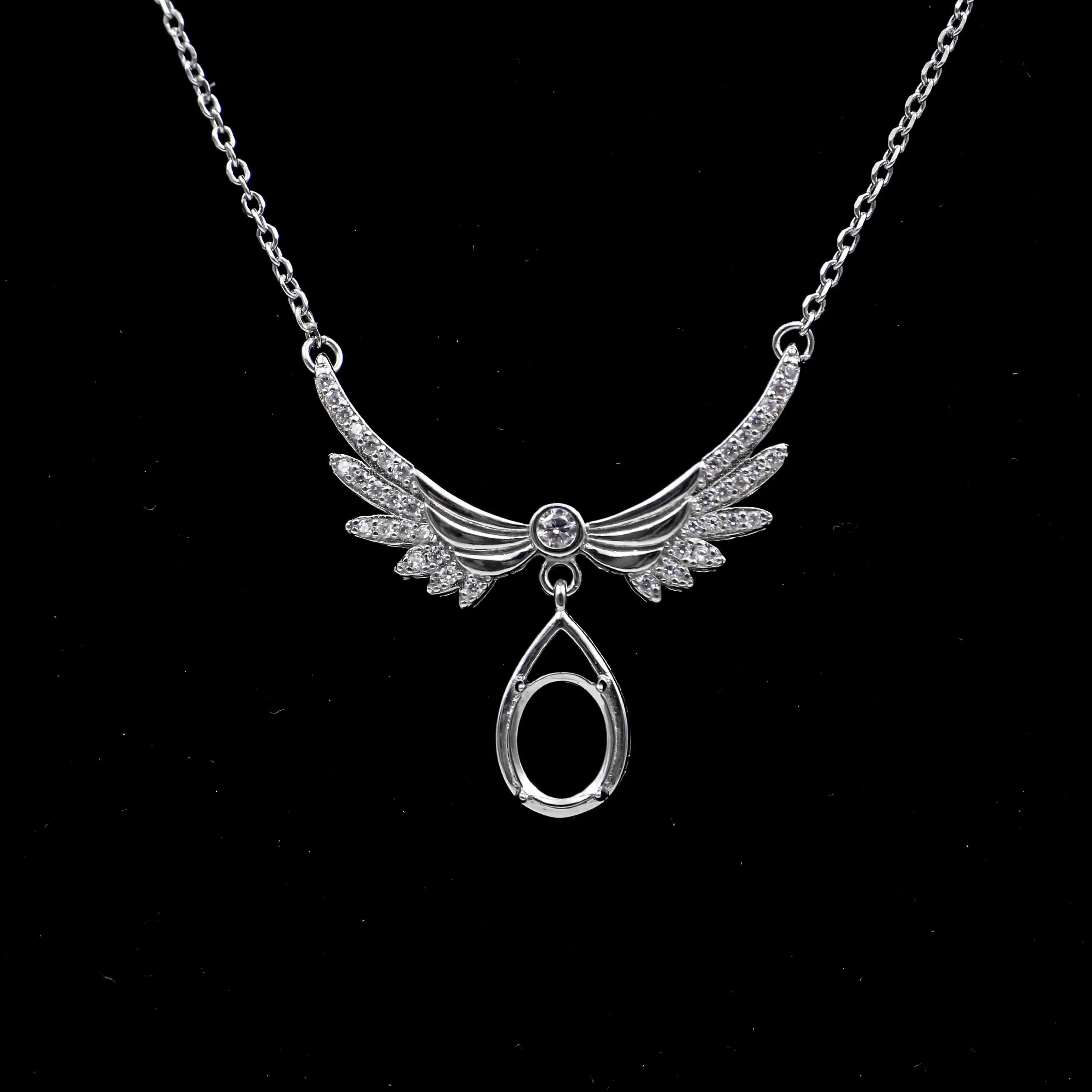 Sterling Silver 7*9mm Semi Mount Necklace Empty Frame Support Blank Setting S925 Base Holder Without Center Stone for DIY Inlay
