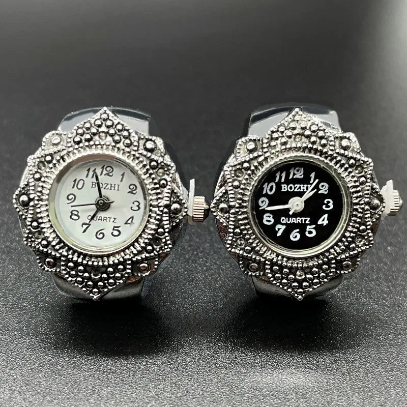Wholesale Vintage Flower Finger Rings Silver Color Watch for Women Men Unique Design Retro Finger Watch for Ladies