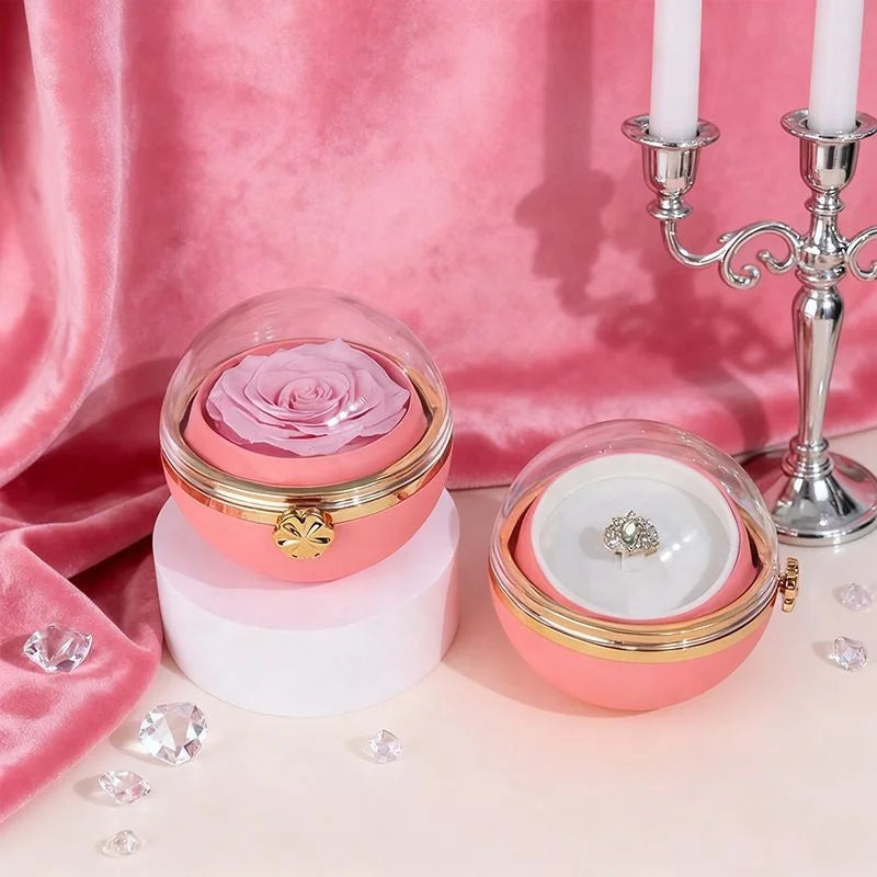 Valentine's Day Romantic Acrylic PC Round Rotating Rose Gift Box Soap Flower Eternal Flower Wedding Jewelry Ring Pendant Box