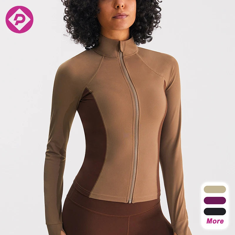 Contrast Color Stitching Yoga Top Custom Women Long Sleeve Full Zipper Workout Slim Fitness Sports Jacket