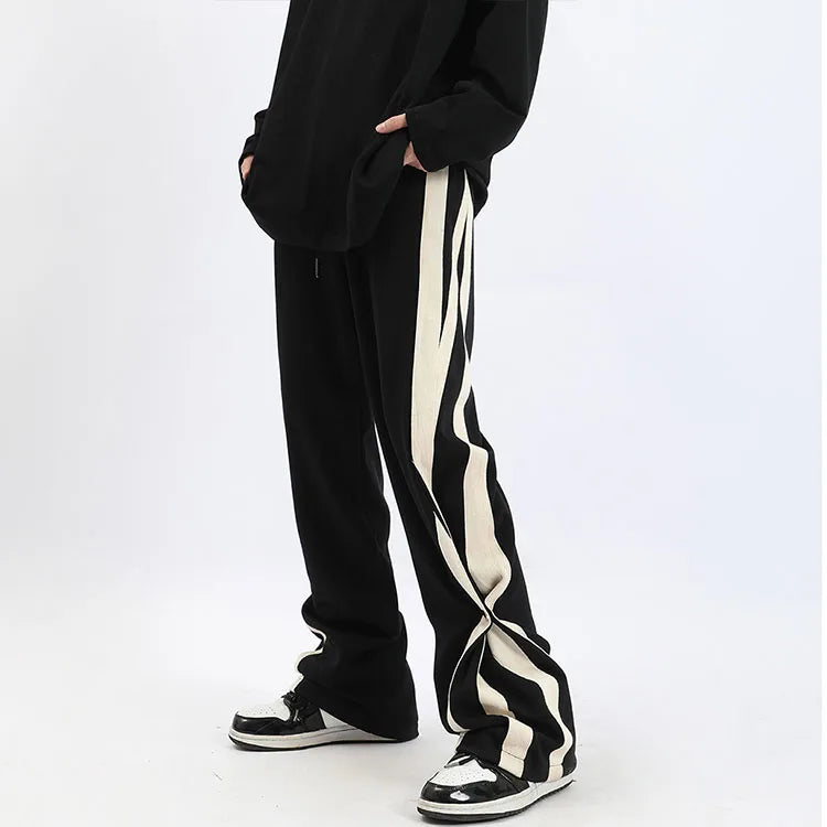 Wide Leg Casual Men's American Retro 100% Cotton Breathable Anti-static Patchwork Mid Waist Sweat Pants with Drawstring Closure