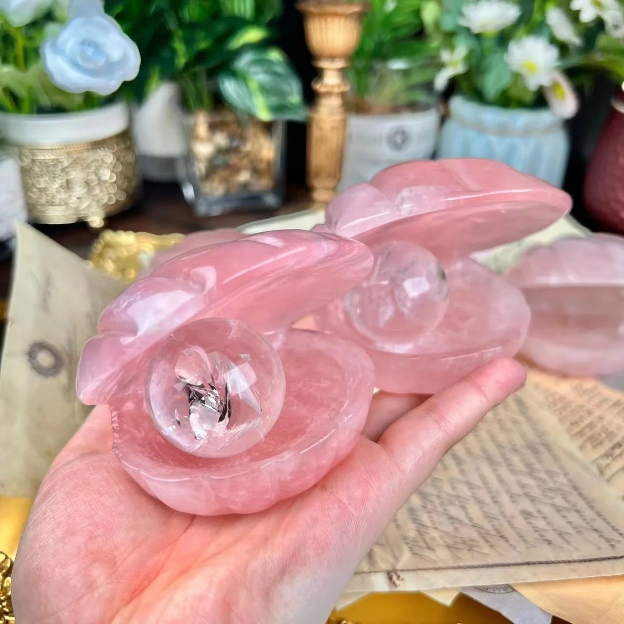 Natural Healing Crystal Handcarved Craft Rose Quartz Fluorite Shell for Home Decoration