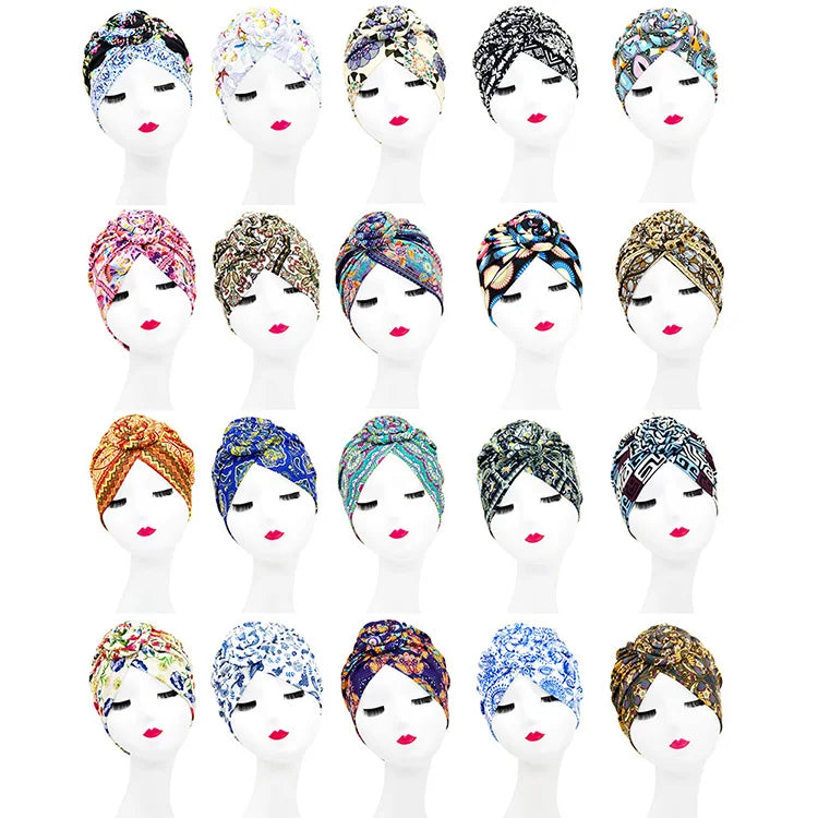 Women Turban Flower African Pattern Headwrap Sleep Beanie Pre-Tied Bonnet Elastic Knot Cap
