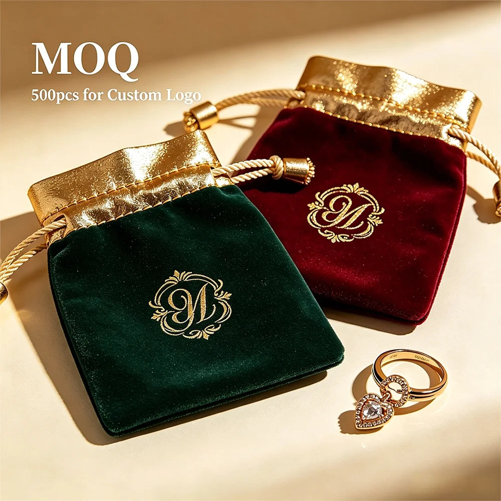 Custom Logo Luxury Velvet Jewelry Pouch Wholesale Drawstring Gift Bag Small Wedding Favor Bags for Jewelry Packaging Ring