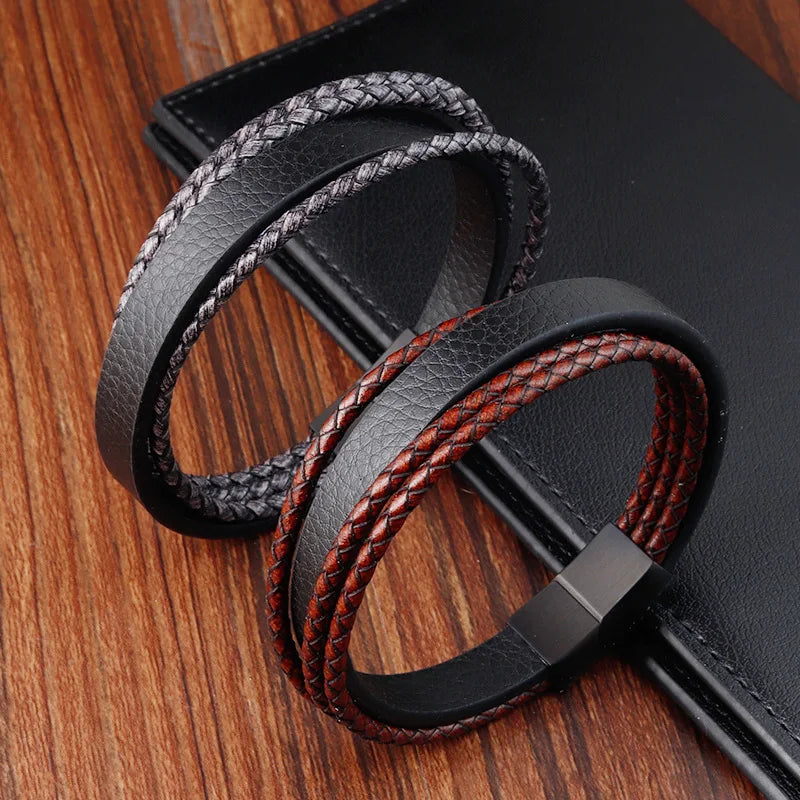 New Design Stainless Steel Clasp Vintage Real Genuine Leather Bracelet Men Bangle Jewelry L20189