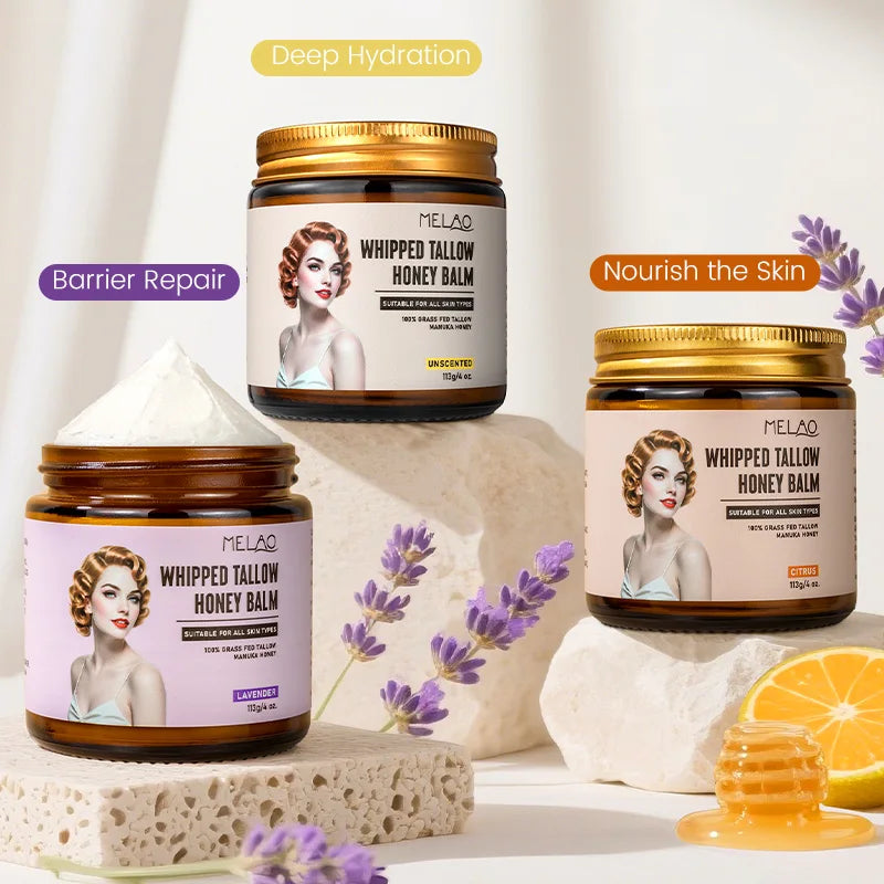MELAO Private Label Natural Grass Fed Beef Tallow & Honey Moisturizer Balm Body Butter Moisturizing Cream for Soft Smooth Balm