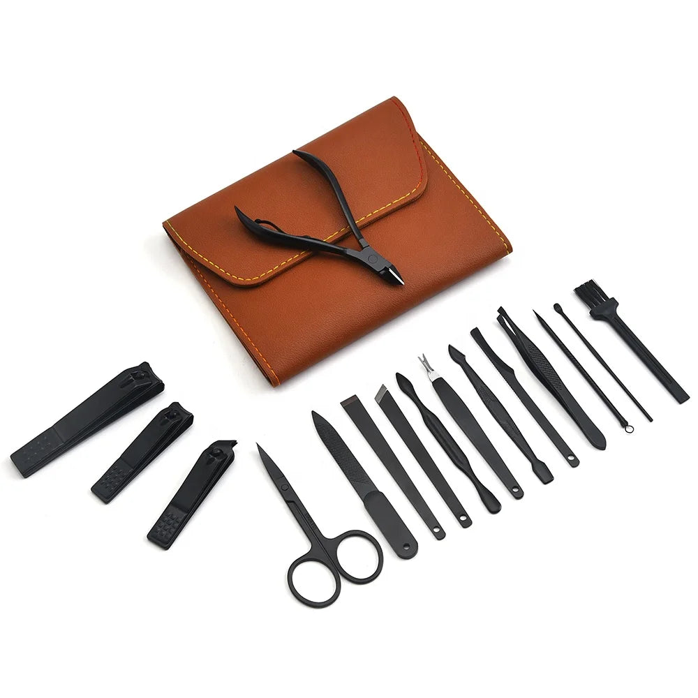 Hot Sale Product Stainless Steel Manicure Set Professional 16 Pieces  Black Nail Clipper Pedicure Set With PU Leather Case