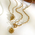 Retro French Paper Clip Chain Jewelry Stainless Steel 18k Gold Plated Sunflower Conch Pendant Women Necklace YF6243