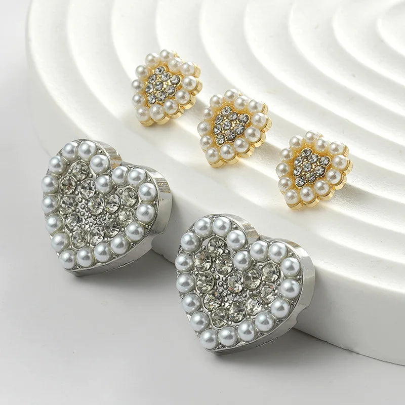 Love Heart Shape Diamond Pearl Studded Sew on Metal Shank Button for Shirt Coat Sweater
