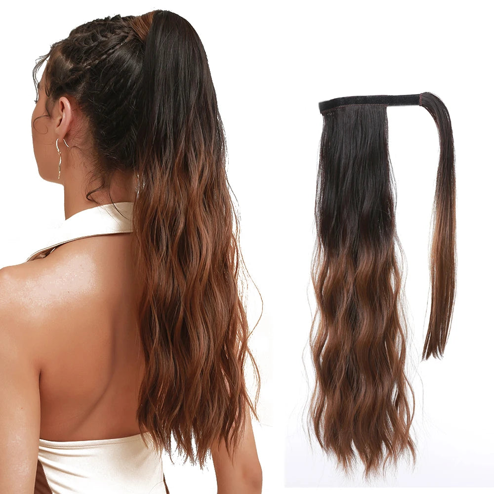 OME OMD Synthetic Wig Extended Horsetail Wig Drawstring Horsetail Super Wavy Black Brown Gradient Horsetail Braid