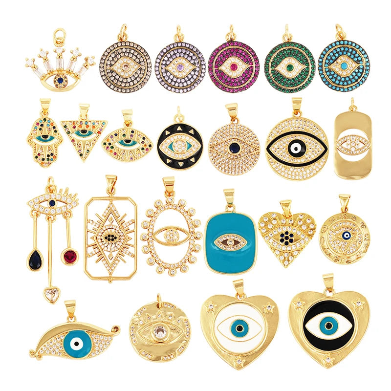 Color CZ Turkish Evil Eye Heart Coin Enamel Heart Charm Turquoise Pendant Oil DroppedReal Gold Plated for Necklace Bracelet M19