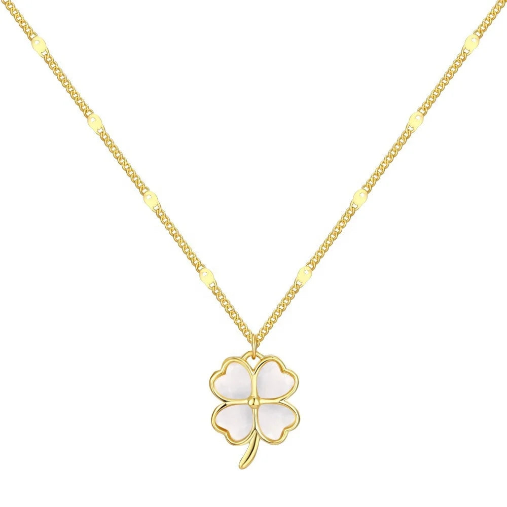 Fashion Jewelry 925 Sterling Silver Clavicle Chain Necklace Creative Opal Four Leaf Clover Pendant Necklace for Women Girls Gift