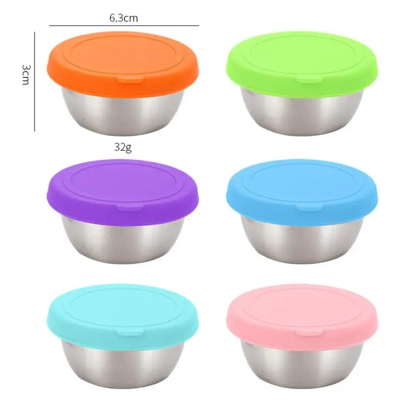 Bento Accessories Set of 6pcs 50ml Stainless Steel Round Mini Food Containers with Silicone Lid Seasonings Box BPA Free