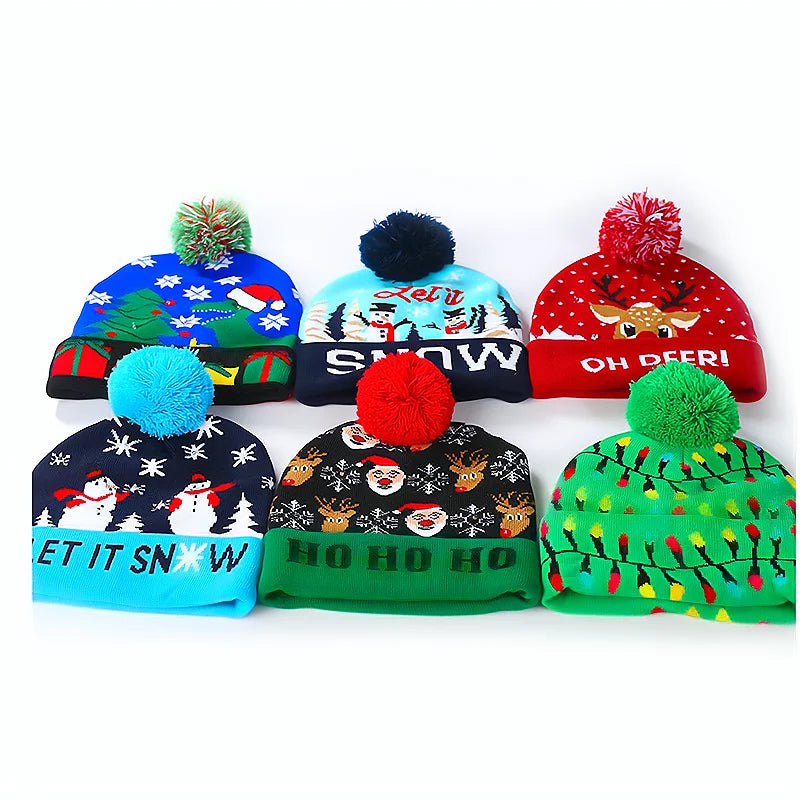 LED Christmas Knitted Pompom Beanie Hat Winter Festival Light-up Caps Adults Custom Logo Character Beach Business Custom Color