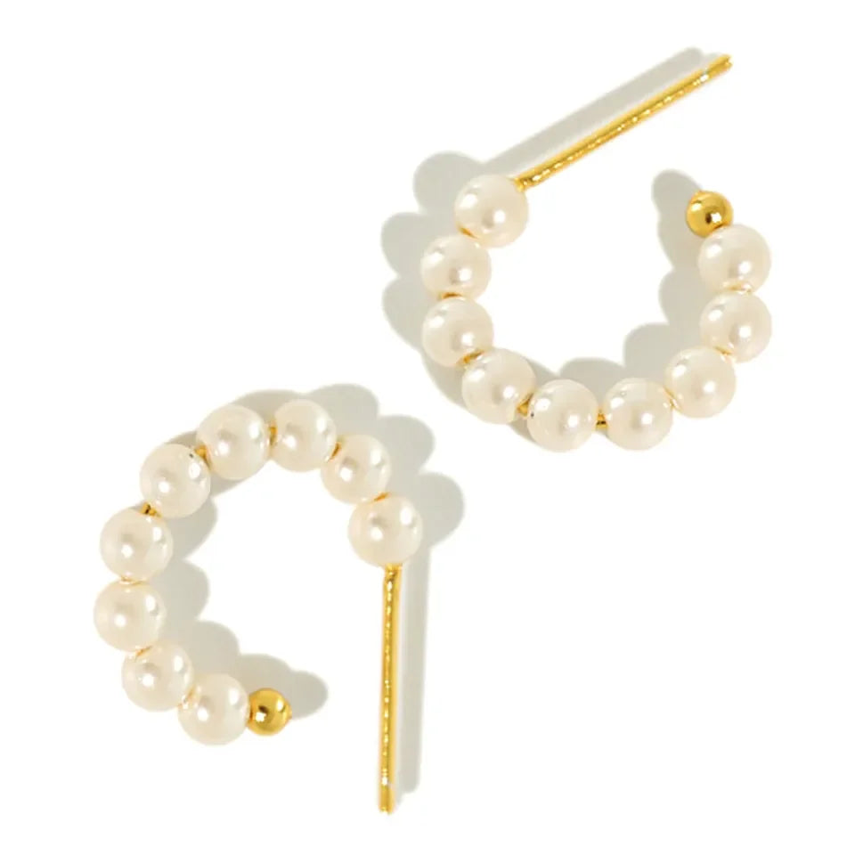 Fine Stud Earrings Gold Plated on 925 Sterling Silver Hoop Beaded Earring C Shaped Shell Pearl Earrings for Women