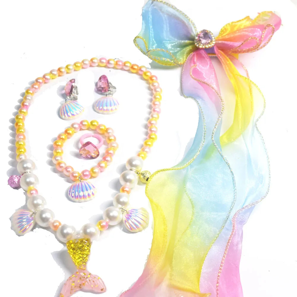 Fashion Handmade ABS Chunky Pearl Beads Beaded Children Jewelry Sets Toddler Necklaces and Bracelet for Girls With a Hair Clip
