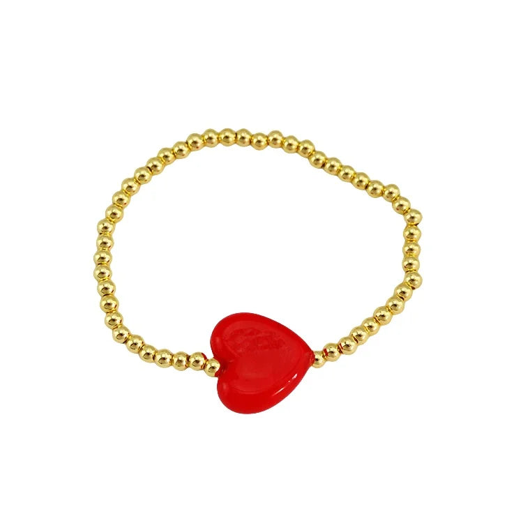 BG1130 Chic  Tiny 18k Gold Plated Round Beads Beaded Red Lampwork Murano Glass Heart Beads Elastic Bracelet for Girl Women