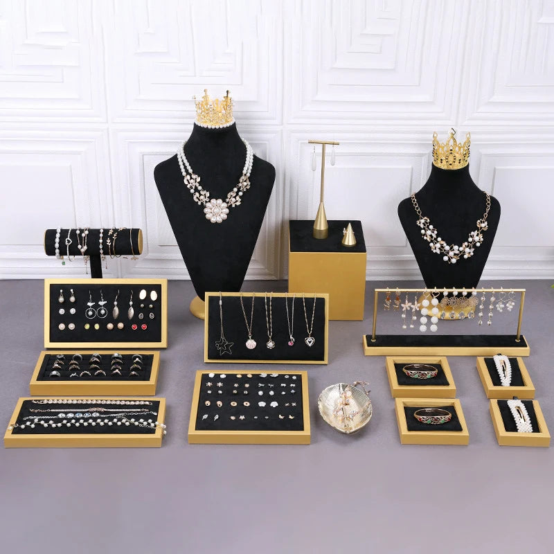 Luxury Gold Tray Jewelry Display Stand Black T-Bar Bangle and Necklace Holder for Rings & Necklaces