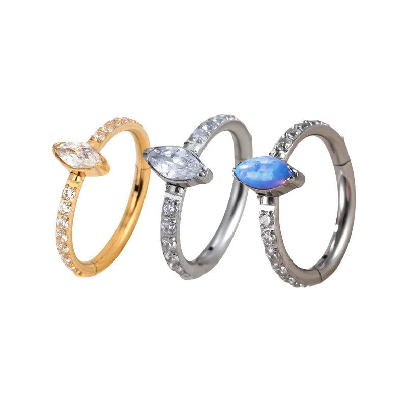ASTM F-136 CZ Pave Side With Marquise Stone Center Hinged Segment Hoop Rings Piercing Earring Nose Nail Piercing Jewelry