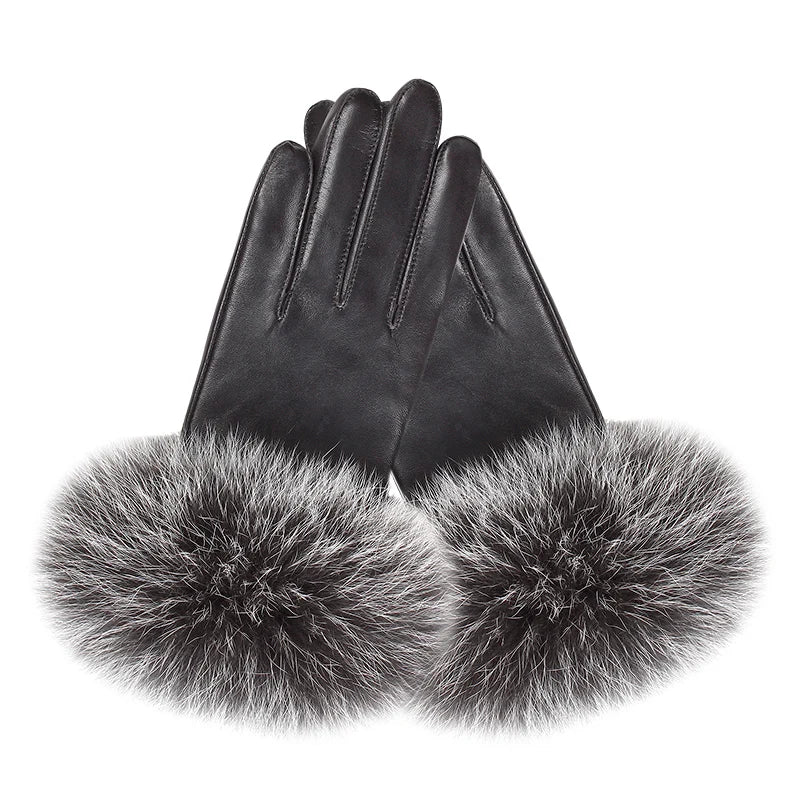 Faddish Ladies Fox Fur Cuff Leather Gloves Outdoor Winter Sheepskin Gloves