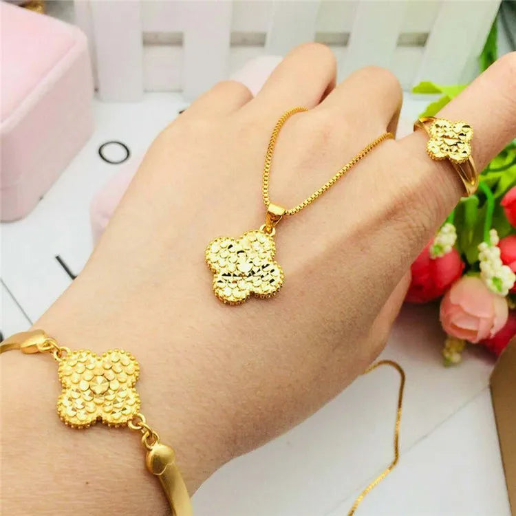 Gold  Sand Gold Jewelry  Gold Plated  Jewelry Ladies Fashion Three-Piece Set Bracelet Ring Pendant Accessories Wholesale