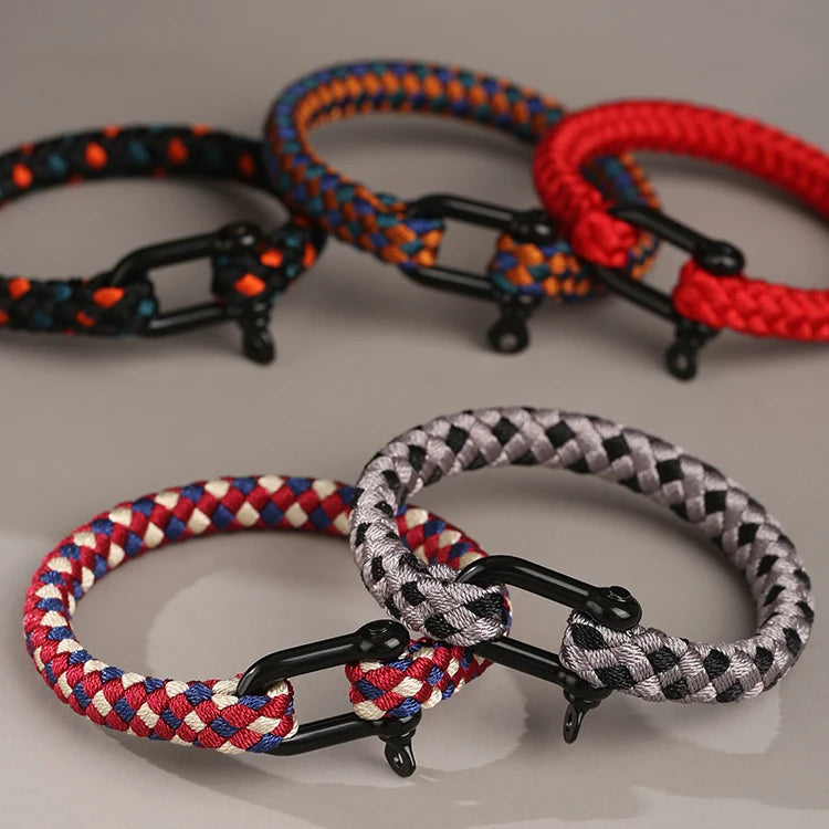Wholesale PVD Black Stainless Steel U-Shape Buckle Handmade Braided Fabric Rope Bangle Outdoor Men Bracelet for Gift