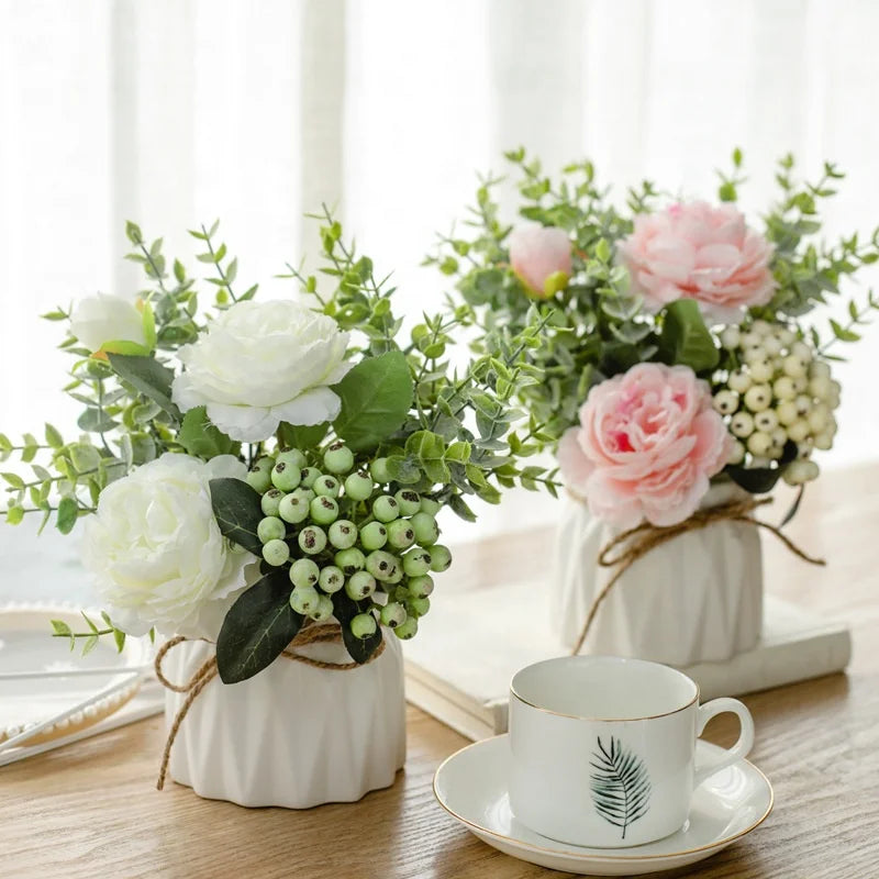 Hot Sale Home Decorative Potted Plants Silk Artificial Rose Flowers With Ceramic Pot for Gift