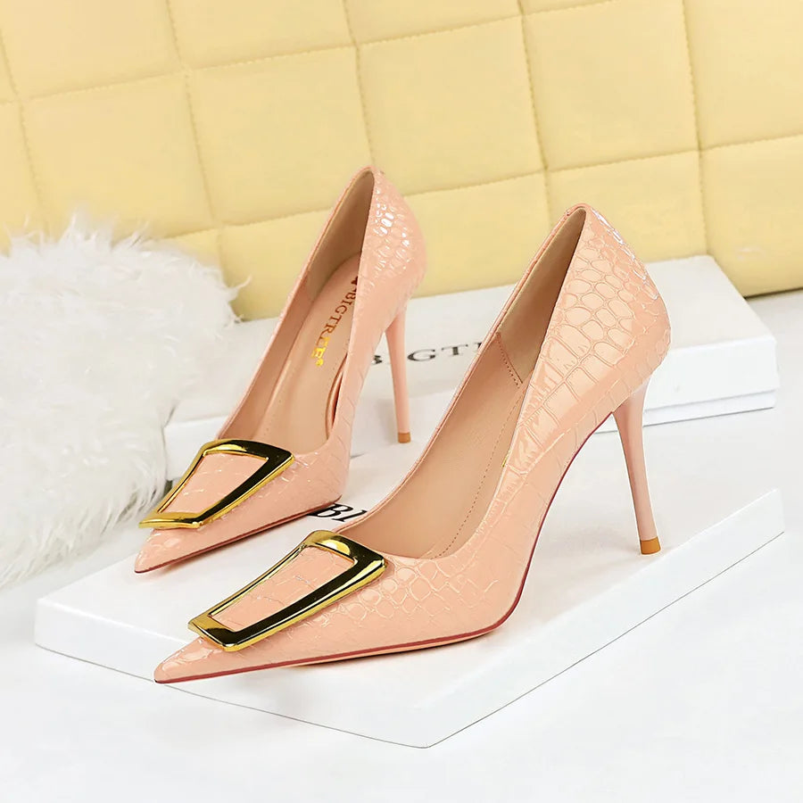 Wholesale Simple Stiletto Office Ladies Heels Pu Leather Slip-On Pointed Toe High Heels Shoes for Women