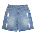 TOPSHOW DENIM Custom Distress Wash Raw Edges Double Knee Carpenter Jeans Denim Shorts Gem Jewelry Studs Rivet Rhinestone Jorts