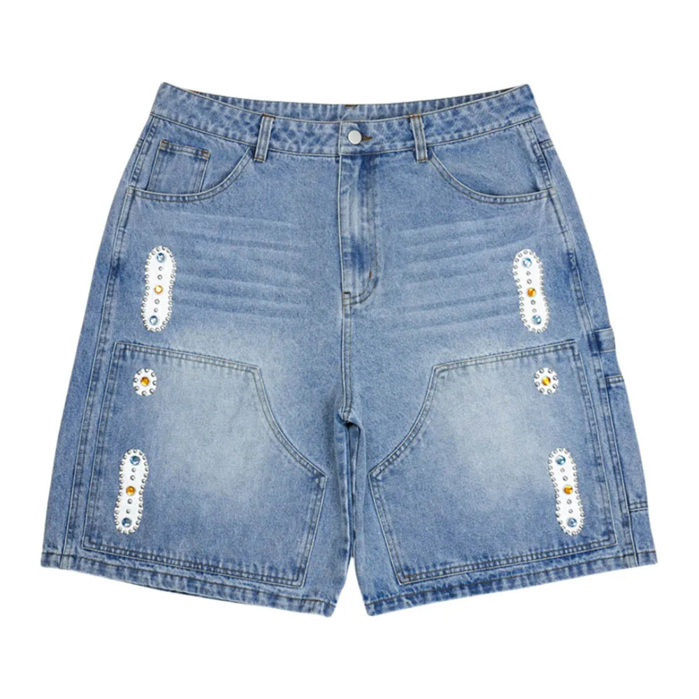 TOPSHOW DENIM Custom Distress Wash Raw Edges Double Knee Carpenter Jeans Denim Shorts Gem Jewelry Studs Rivet Rhinestone Jorts