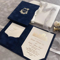 Custom Hardcover Wedding Invitation Luxury Navy Blue Velvet Envelope and Elegant Gold Foil Stamping Gatefold Booklet Invitations