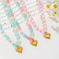 Handmade Rainbow Round Natural Stone Beads Necklace With Stainless Steel Heart Pendant for Women
